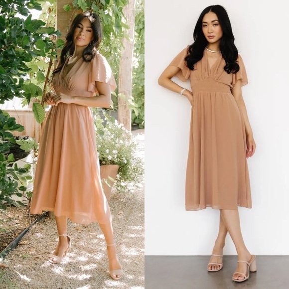 BALTIC BORN Sarah Smocked Midi Dress in Dusty Camel Size Small - Picture 1 of 9